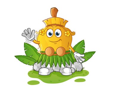 Havai süpürgesi sallayan karakter. çizgi film maskotu vektörü