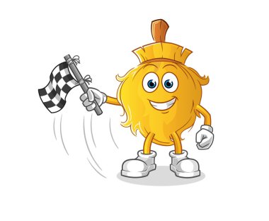 Süpürge bekleme bitiş bayrağı. çizgi film maskotu vektörü