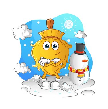 Soğuk kış karakterli süpürge. çizgi film maskotu vektörü