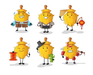 Süpürge Asya kültürü seti. çizgi film maskotu vektörü