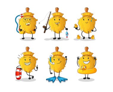 Süpürge suyu aktivite grubu. çizgi film maskotu vektörü