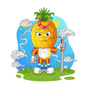 Ananas kafalı karikatür samurayı. çizgi film maskotu vektörü