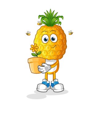 Çiçek saksısı olan ananas kafalı bir çizgi film. karakter vektörü