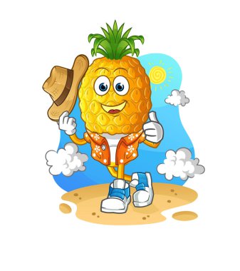 Ananas kafalı karikatür tatile gider. çizgi film maskotu vektörü