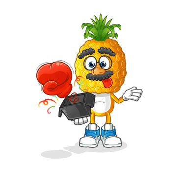 Kutuda ananas kafalı karikatür şakası eldiveni var. çizgi film maskotu