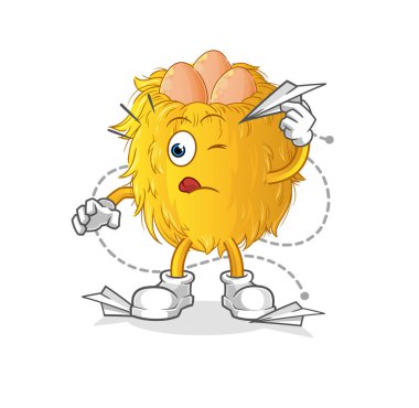 Kağıt uçak karakterli kuş yuvası. çizgi film maskotu vektörü