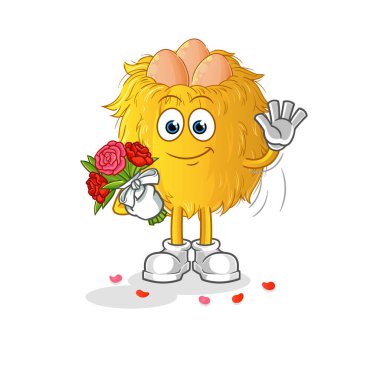 Buket maskotlu kuş yuvası. çizgi film vektörü