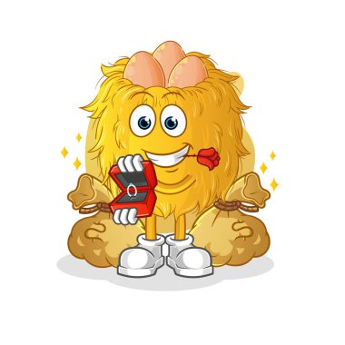 Kuş yuvası yüzükle evlenme teklif eder. çizgi film maskotu vektörü