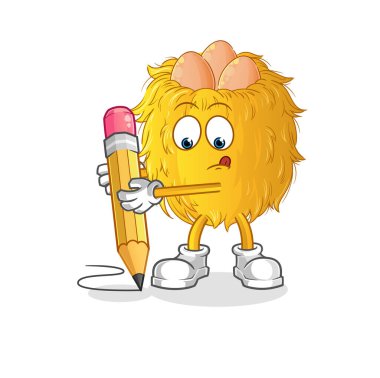 Kuş yuvası kalemle yazar. çizgi film maskotu vektörü