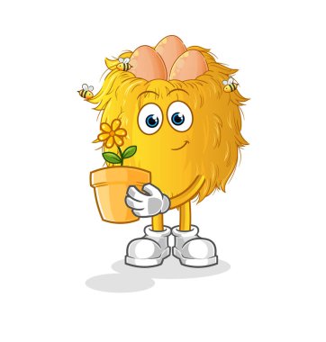 Çiçek saksısı olan kuş yuvası. karakter vektörü