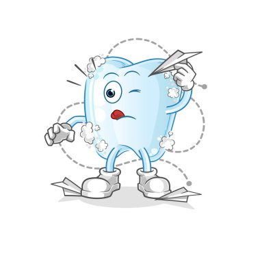 Kağıt uçak karakterli köpüklü diş. çizgi film maskotu vektörü