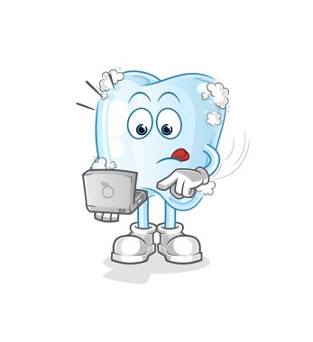 Köpüklü diş ve dizüstü bilgisayar maskotu. çizgi film vektörü