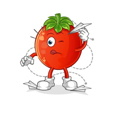 Kağıt uçak karakterli domates. çizgi film maskotu vektörü