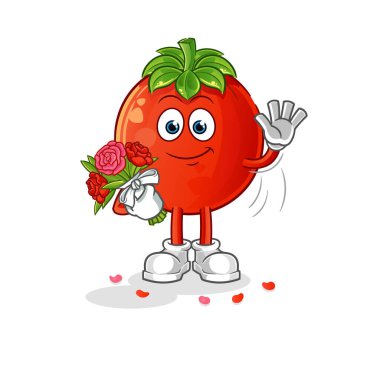 Buket maskotlu domates. çizgi film vektörü