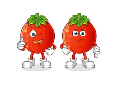 Domatesler yukarı ve baş parmaklar aşağı. çizgi film maskotu vektörü