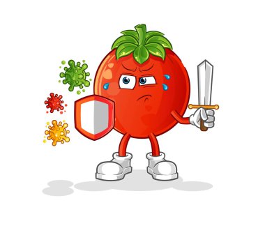 Virüs çizgi filmine karşı domates. çizgi film maskotu vektörü