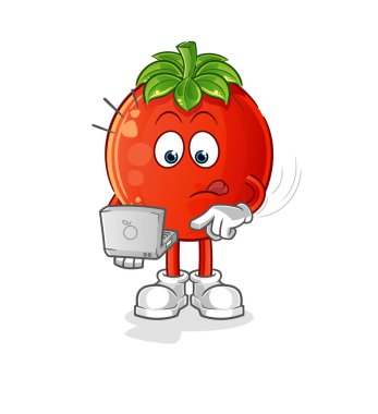 Laptop maskotlu domates. çizgi film vektörü