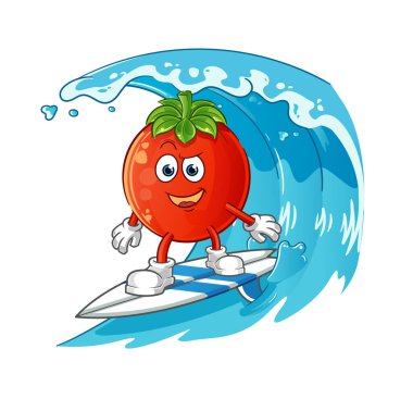 Domates sörfü karakteri. çizgi film maskotu vektörü