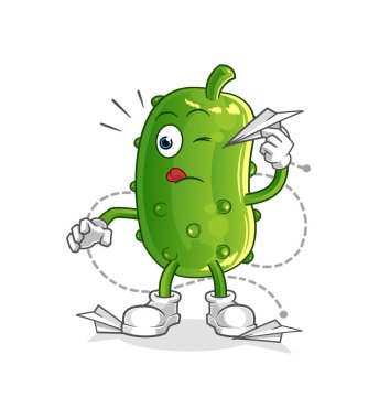 Kağıt uçak karakterli salatalık. çizgi film maskotu vektörü