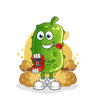 Salatalık yüzükle evlenme teklif eder. çizgi film maskotu vektörü