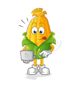 Laptop maskotlu mısır. çizgi film vektörü