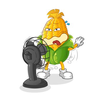 Taraftar karakterinin önünde mısır. çizgi film maskotu vektörü