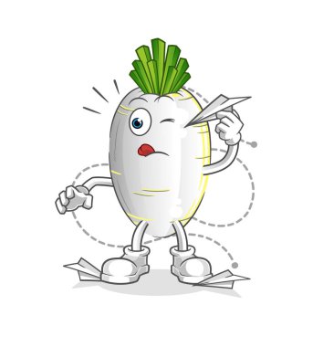 Kağıt uçak karakterli beyaz turp. çizgi film maskotu vektörü