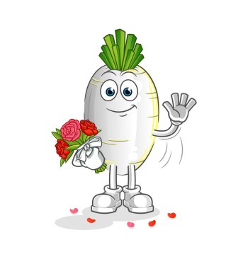 Buket maskotlu beyaz turp. çizgi film vektörü