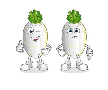 Beyaz turp başparmak yukarı ve baş parmak aşağı. çizgi film maskotu vektörü