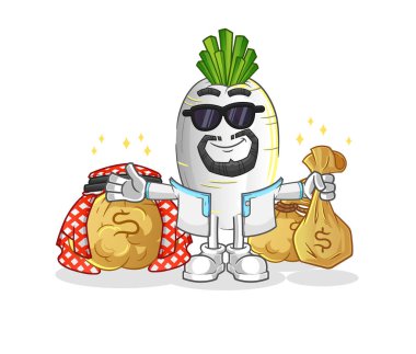 Beyaz turp zengini Arap maskotu. çizgi film vektörü