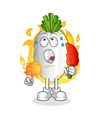 Beyaz turp sıcak kırmızı biber maskotu yer. çizgi film vektörü