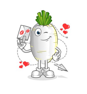 Beyaz turp aşk mektubu illüstrasyonu. karakter vektörü