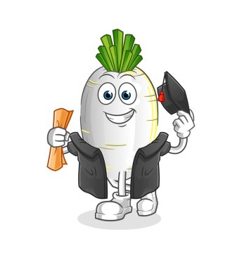 Beyaz turp mezuniyet vektörü. çizgi film karakteri