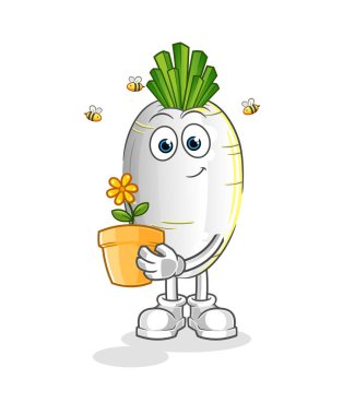 Çiçek saksılı beyaz turp. karakter vektörü