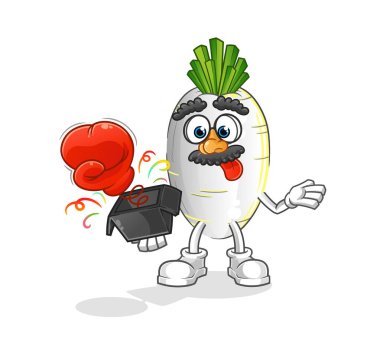 Kutuda beyaz turp şakası eldiveni var. çizgi film maskotu