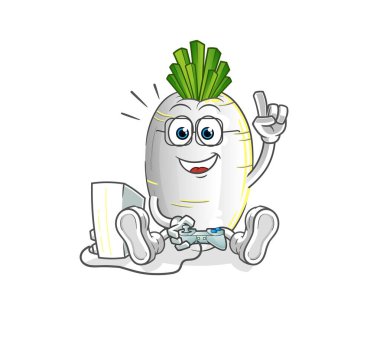 Beyaz turp video oyunları oynuyor. çizgi film karakteri