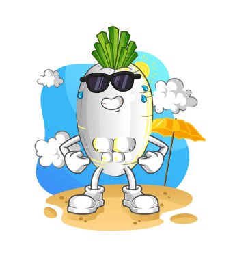 Yazın beyaz turp güneş banyosu. karakter vektörü