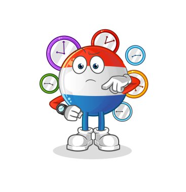 Kol saati çizgi filmiyle Hollanda bayrağı. çizgi film maskotu vektörü