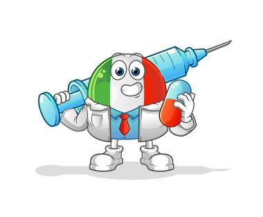 İtalyan bayrak doktoru elinde ilaç ve iğne tutuyor.