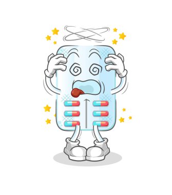 Baş döndürücü ilaç maskotu. çizgi film vektörü