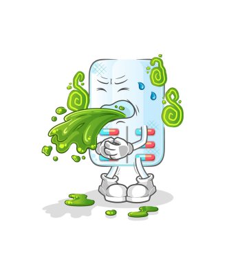 İlaçlar çizgi filmi kusar. çizgi film maskotu vektörü