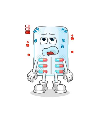 ilaç düşük batarya maskotu. çizgi film vektörü