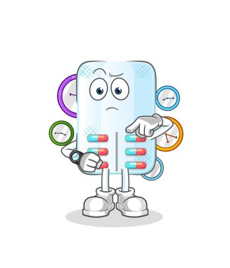 Kol saati çizgi filmiyle ilaç. çizgi film maskotu vektörü