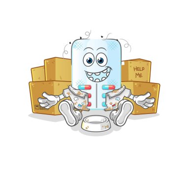Evsiz ilaç karakteri. çizgi film maskotu vektörü