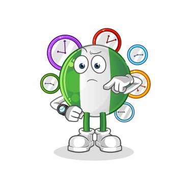 Kol saati çizgi filmiyle Nijerya bayrağı. çizgi film maskotu vektörü