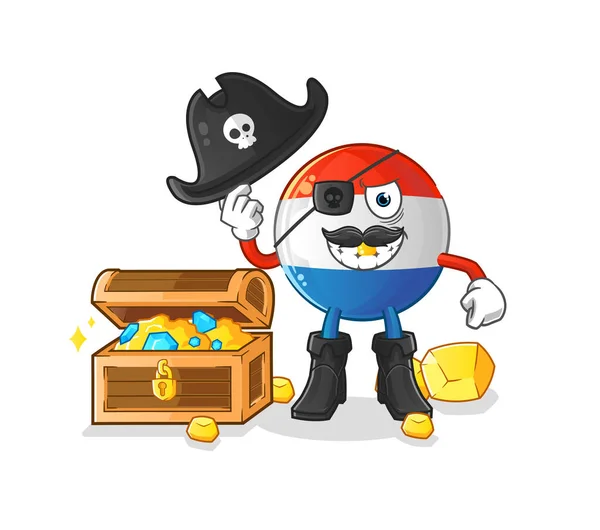 Pirata Bandiera Olandese Con Mascotte Tesoro Vettore Dei Cartoni Animati — Vettoriale Stock