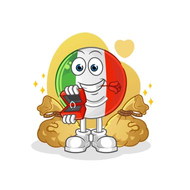 İtalya bayrağı yüzükle evlenme teklif ediyor. çizgi film maskotu vektörü