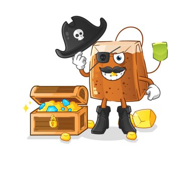 Hazine maskotlu çay poşeti korsanı. çizgi film vektörü