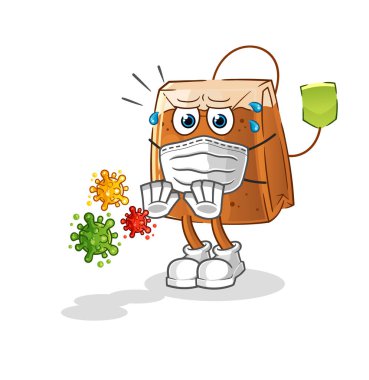 Çay poşeti çizgi filmlerdeki virüsleri reddediyor. çizgi film maskotu vektörü