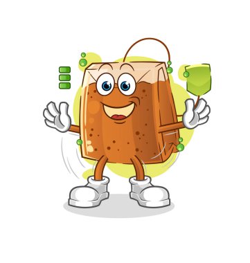 Çay poşeti tam pil karakteri. çizgi film maskotu vektörü